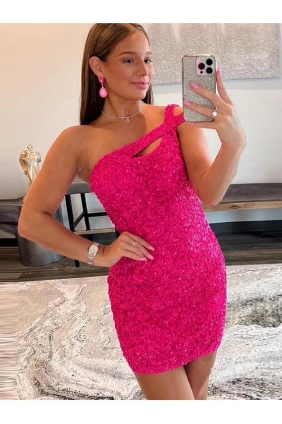 Sleeveless Fuchsia One Shoulder Velvet Sequin Sheath Evening Dresses Online