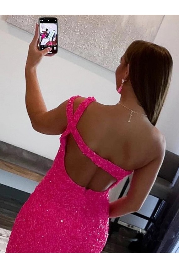 Sleeveless Fuchsia One Shoulder Velvet Sequin Sheath Evening Dresses Online