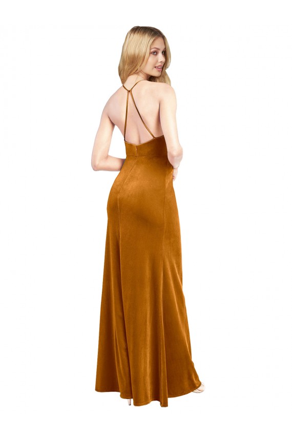 Sleeveless Halter Neck Criss Cross Open Back Stretch Velvet A-Line Formal Evening Dress Online