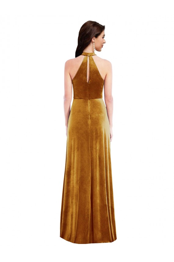 Sleeveless Halter Neck Keyhole Back Stretch Velvet Trumpet Semi Formal Evening Dress Online