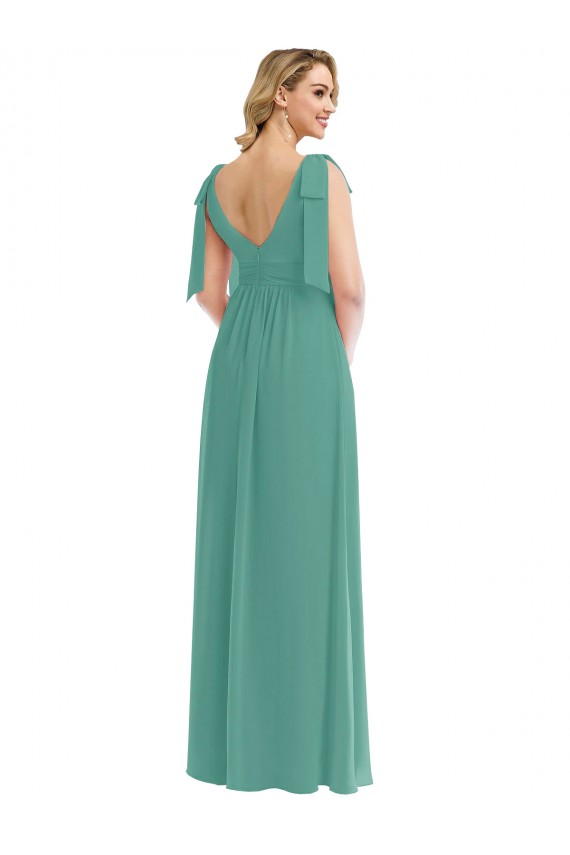 Sleeveless Icelandic Silver V-Neck V-Back Soft Chiffon A-Line Semi Formal Evening Dress Online