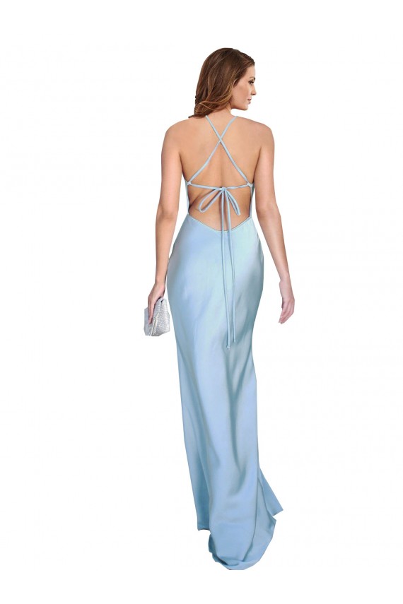 Sleeveless Cowl Neck Criss Cross Open Back Silky Satin Sheath Formal Evening Dress Online