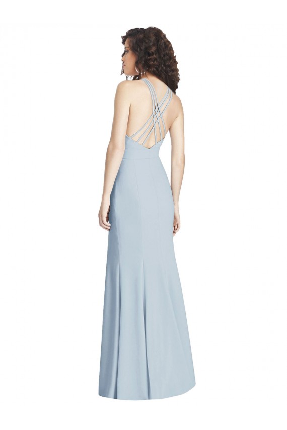 Sleeveless Halter Neck Criss Cross Open Back Stretch Crepe Trumpet Evening Dress Online