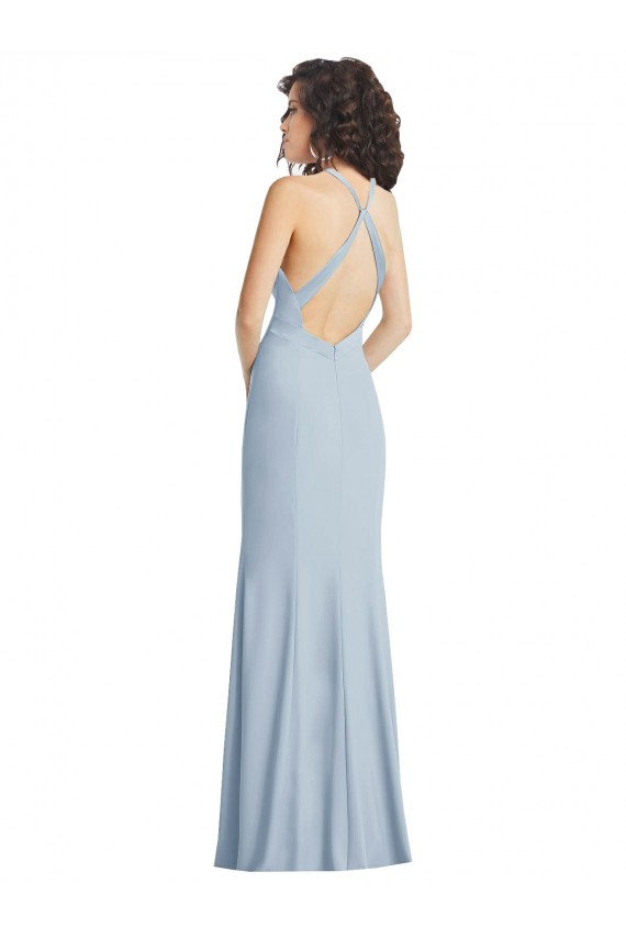 Sleeveless Halter Neck Criss Cross Back Stretch Crepe Trumpet Formal Evening Dress Online