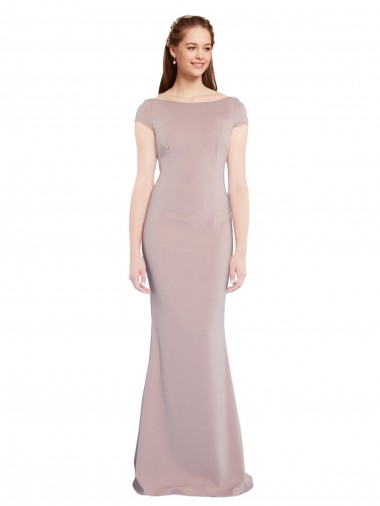 Cap Sleeves Boat Neck Tie Back Stretch Crepe Mermaid Formal Evening Dress Online