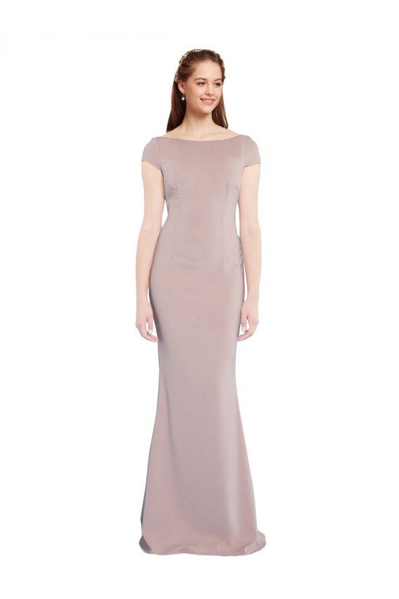 Cap Sleeves Boat Neck Tie Back Stretch Crepe Mermaid Formal Evening Dress Online