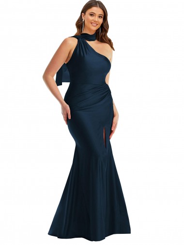 Sleeveless Dark Navy One Shoulder Silky Satin Mermaid Plus Size Formal Evening Dress Online