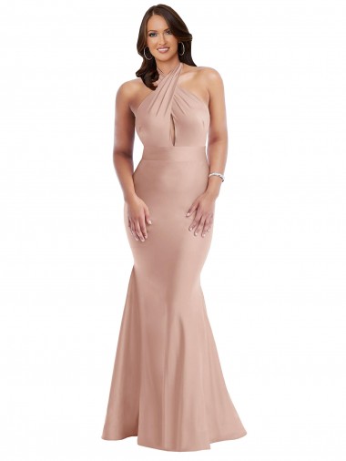 Sleeveless Halter Neck Open Back Silky Satin Mermaid Plus Size Formal Evening Dress Online
