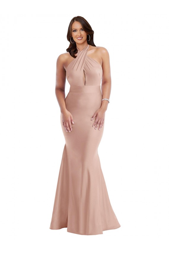Sleeveless Halter Neck Open Back Silky Satin Mermaid Plus Size Formal Evening Dress Online