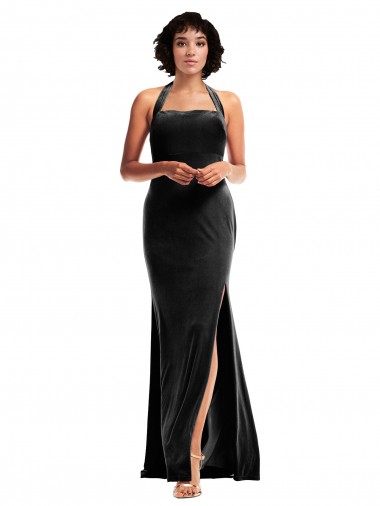 Sleeveless Halter Neck Low Back Stretch Velvet Mermaid Formal Evening Dress Online