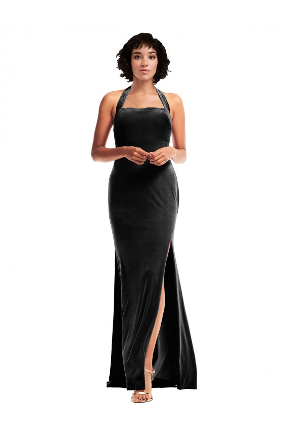 Sleeveless Halter Neck Low Back Stretch Velvet Mermaid Formal Evening Dress Online