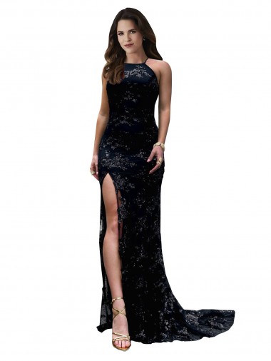 Sleeveless High Neck Open Back Lace Mermaid Black Tie Evening Dress Online