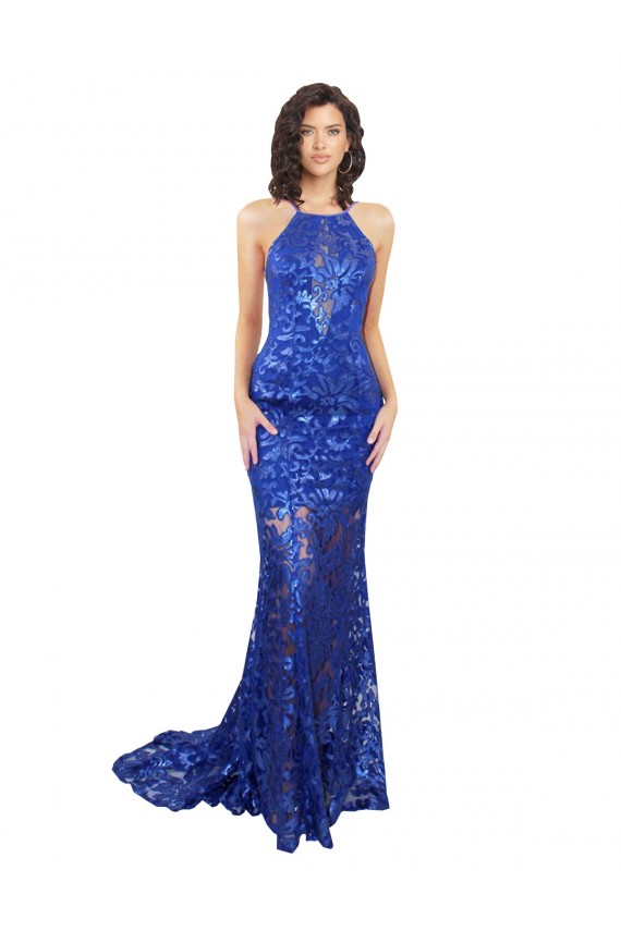 Sleeveless High Neck Open Back Lace Mermaid Semi Formal Evening Dress Online