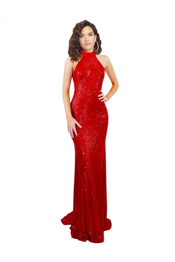 Sleeveless Halter Neck Open Back Sequin Mermaid Formal Evening Dress Online