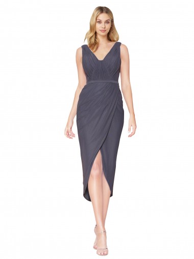 Sleeveless Slate Grey V-Neck V-Back Soft Chiffon Mermaid High Low Evening Dress Online