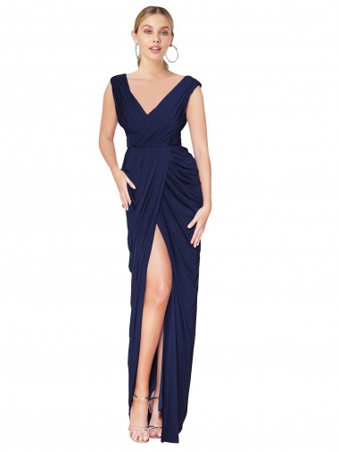 Sleeveless Dark Navy V-Neck V-Back Soft Chiffon Mermaid Formal Evening Dress Online