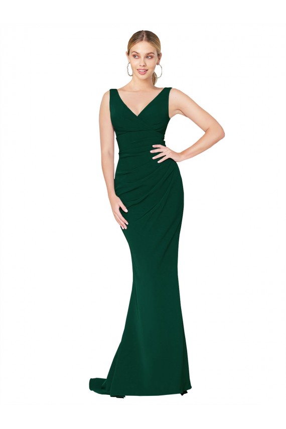 Sleeveless Midnight Green V-Neck Stretch Crepe Mermaid Formal Evening Dress Online