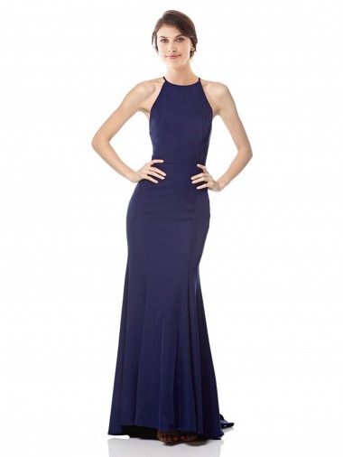 Sleeveless Navy Blue Halter Neck Stretch Crepe Mermaid Evening Dress Online