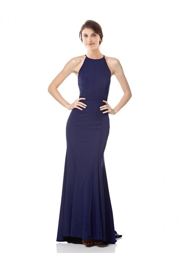 Sleeveless Navy Blue Halter Neck Stretch Crepe Mermaid Evening Dress Online