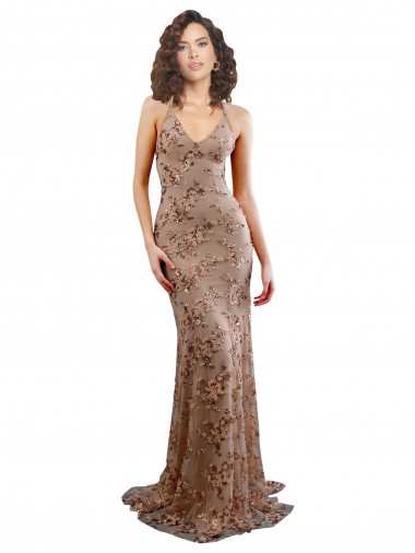 Sleeveless Rose Gold V-Neck Backless Stretch Crepe & Sequin Tulle Mermaid Formal Evening Dress Online