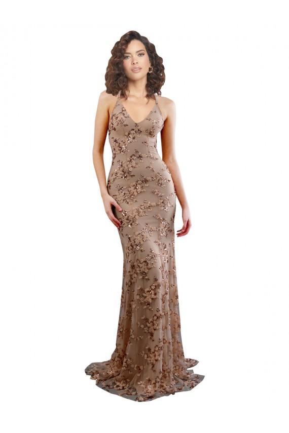 Sleeveless Rose Gold V-Neck Backless Stretch Crepe & Sequin Tulle Mermaid Formal Evening Dress Online