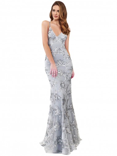 Sleeveless Silver V-Neck Backless Stretch Crepe & Sequin Tulle Mermaid Formal Evening Dress Online