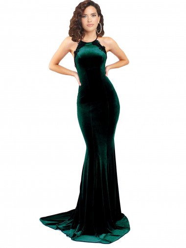 Sleeveless High Neck Low Back Stretch Velvet Mermaid Formal Evening Dress Online