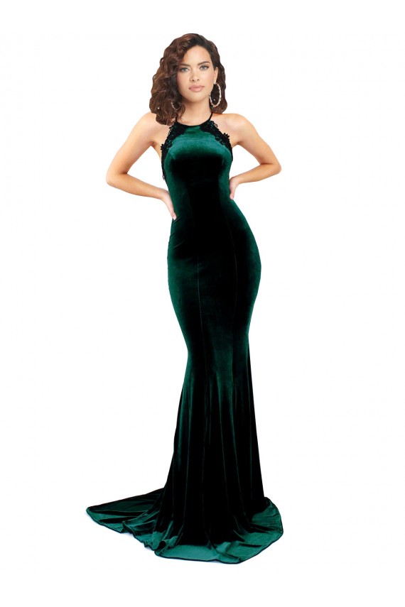 Sleeveless High Neck Low Back Stretch Velvet Mermaid Formal Evening Dress Online