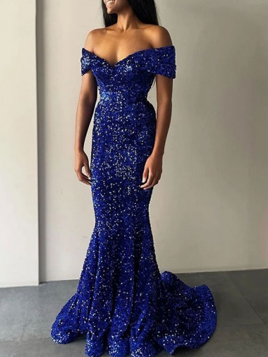 Sleeveless Off the Shoulder Velvet Sequin Mermaid Evening Dresses Online