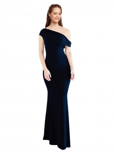 Sleeveless Dark Navy One Shoulder Stretch Crepe Mermaid Formal Evening Dress Online
