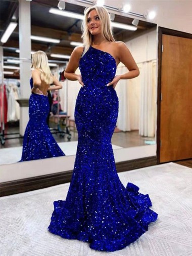 Sleeveless One Shoulder Velvet Sequin Mermaid Evening Dress Online
