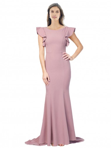 Flutter Sleeves Round Neck Low Back Stretch Crepe Mermaid Formal Evening Dress Online