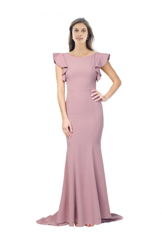 Flutter Sleeves Round Neck Low Back Stretch Crepe Mermaid Formal Evening Dress Online