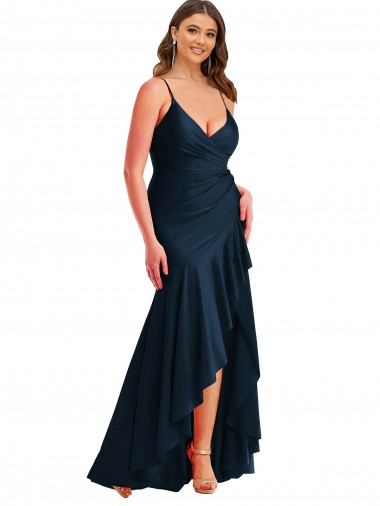 Sleeveless Spaghetti Straps Silky Satin Mermaid High Low Plus Size Evening Dress Online