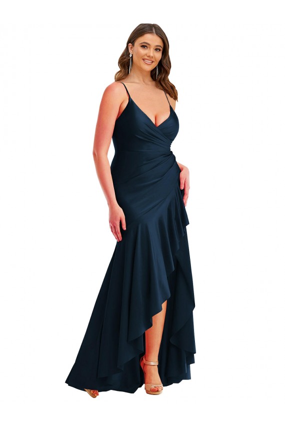 Sleeveless Spaghetti Straps Silky Satin Mermaid High Low Plus Size Evening Dress Online