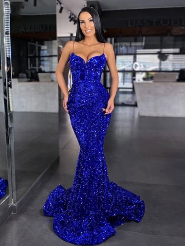 Sleeveless Spaghetti Straps Velvet Sequin Mermaid Evening Dress Online