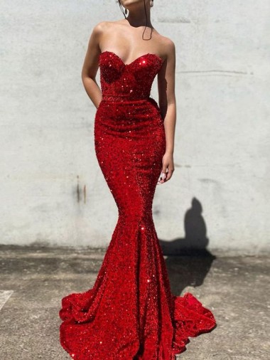 Sleeveless Sweetheart Velvet Sequin Mermaid Evening Gown Online