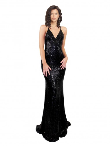 Sleeveless V-Neck Criss Cross Open Back Sequin Mermaid Black Tie Evening Dress Online