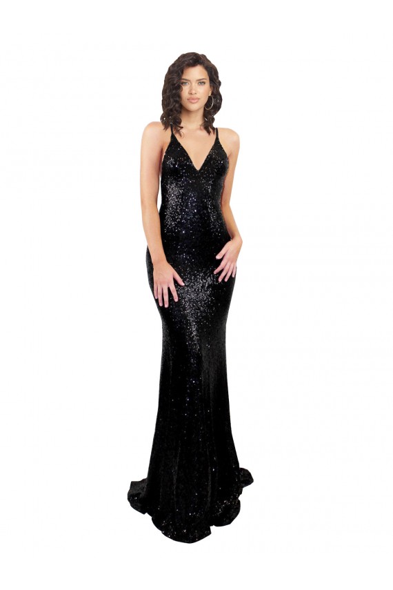 Sleeveless V-Neck Criss Cross Open Back Sequin Mermaid Black Tie Evening Dress Online