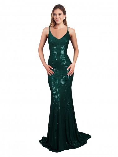 Sleeveless Dark Green V-Neck Low Back Sequin Mermaid Formal Evening Dress Online