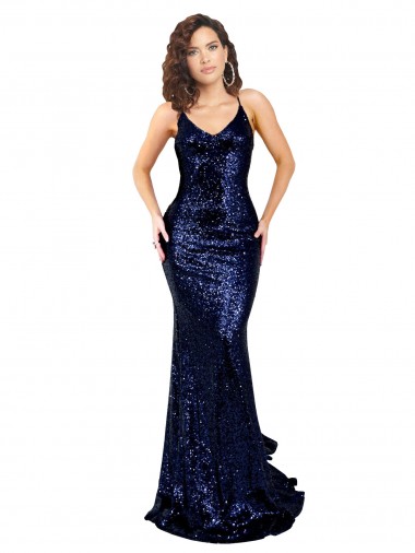Sleeveless Dark Navy V-Neck Low Back Sequin Mermaid Formal Evening Dress Online
