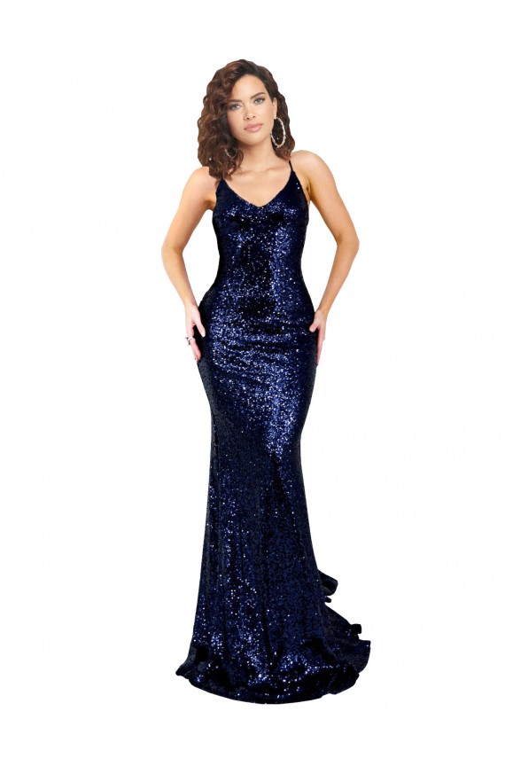 Sleeveless Dark Navy V-Neck Low Back Sequin Mermaid Formal Evening Dress Online