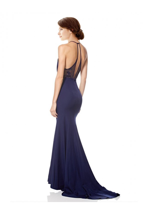 Sleeveless Navy Blue Halter Neck Stretch Crepe Mermaid Evening Dress Online