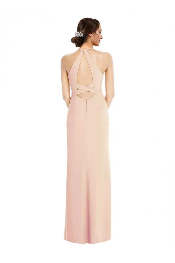 Sleeveless Nude Halter Neck Criss Cross Back Stretch Crepe Trumpet Formal Evening Dress Online