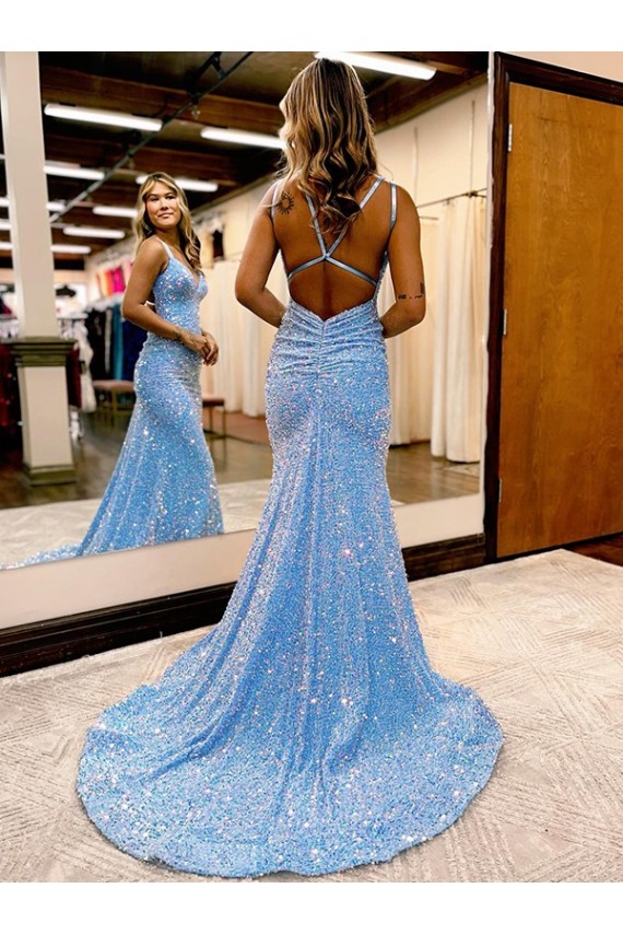 Sleeveless Periwinkle V-Neck Velvet Sequin Sheath Evening Dress Online