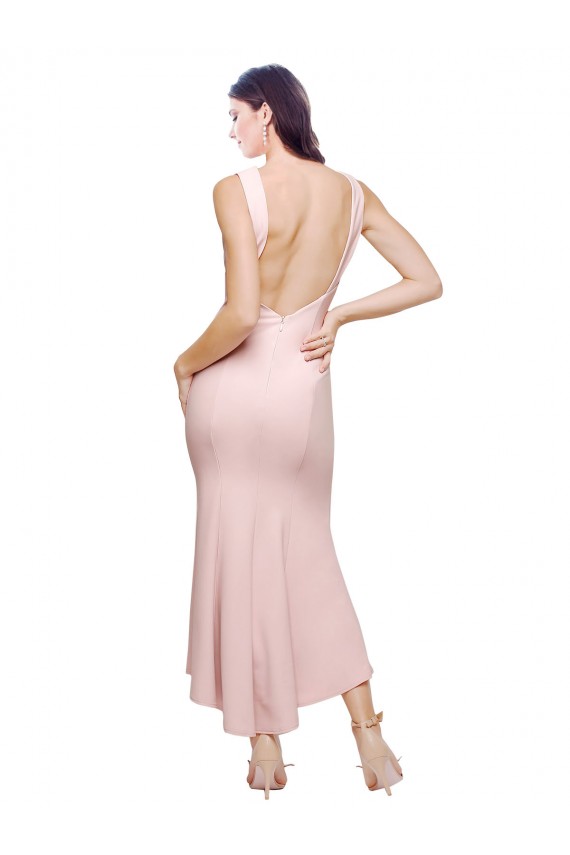 Sleeveless High Neck Low Back Stretch Crepe Sheath High Low Evening Dress Online