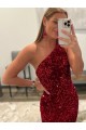Sleeveless Pink One Shoulder Velvet Sequin Sheath Evening Dress Online
