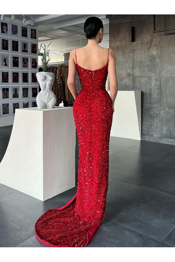 Sleeveless Red V-Neck Velvet Sequin Sheath Evening Dress Online