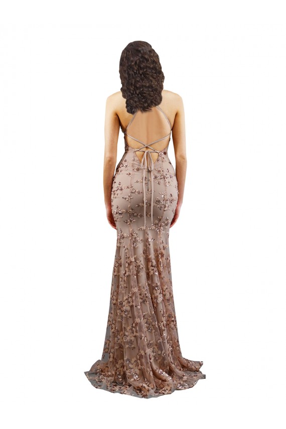 Sleeveless Rose Gold V-Neck Backless Stretch Crepe & Sequin Tulle Mermaid Formal Evening Dress Online
