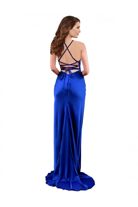 Sleeveless Royal Blue Cowl Neck Criss Cross Open Back Silky Satin Sheath Formal Evening Dress Online